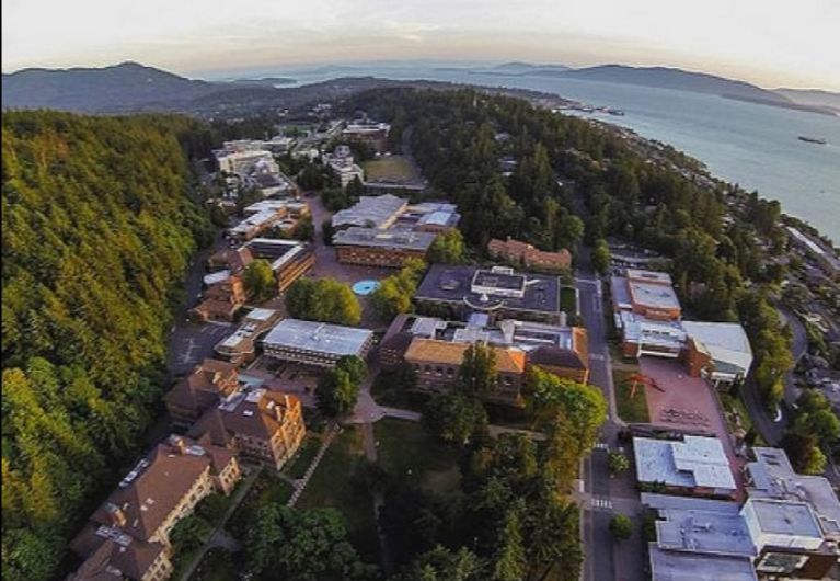 Aerial view of Western's campus and Bellingham Bay