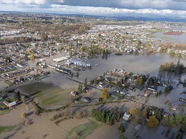 Drone shot of downtown Everson inundated by flood waters