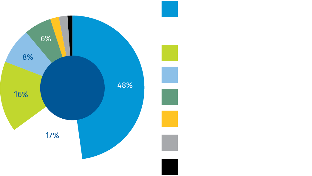 Total expenses pie chart with values: Salaries $172,522 (48%), Supplies $30,502 (17%), Benefits $42,943 (16%), Depreciation $25,985 (8%), Scholarships $30,652 (6%), Utilities $4,196 (2%), Purchased & Personal Services $5,841 (2%), Interest and other $42 (1%)