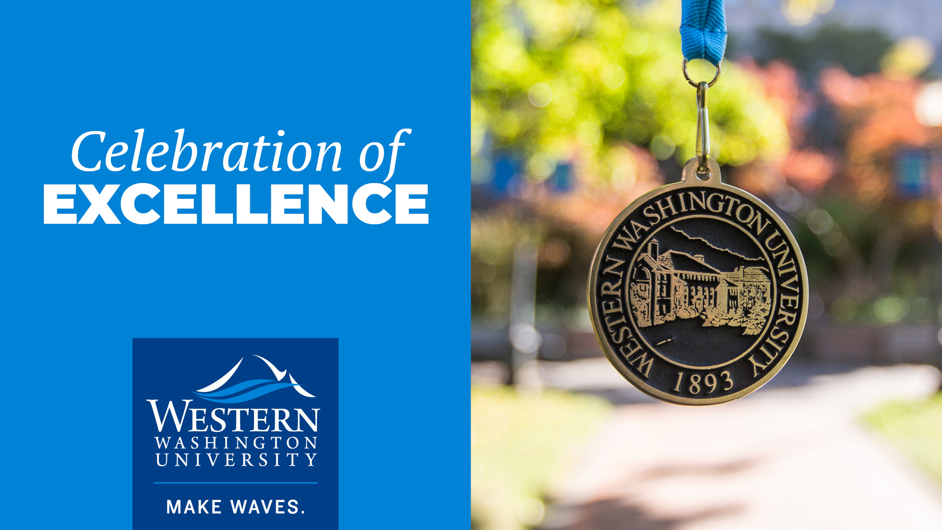 Celebration of Excellence medallion in bronze, hanging from a blue ribbon.